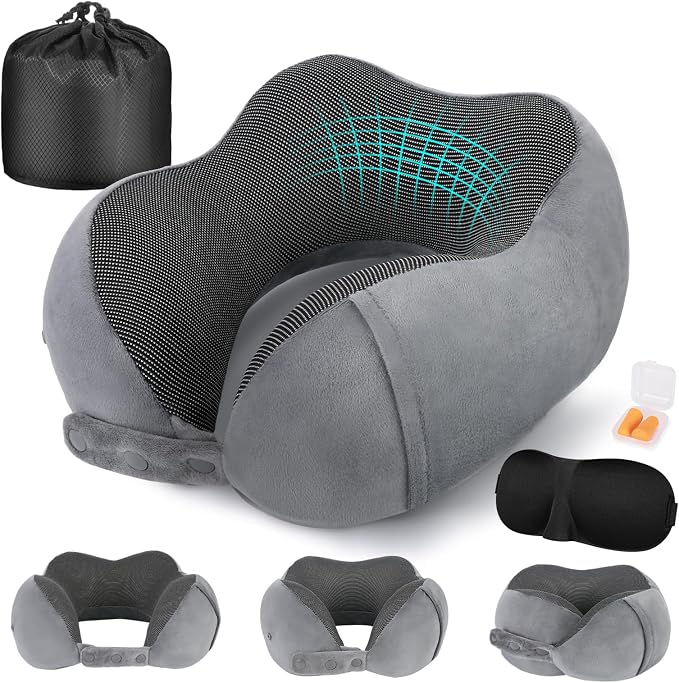 Cirorld Neck Pillow for Traveling, Travel Pillows for Airplanes,100% Pure Memory Foam Travel Neck Pillow, Adjustable Flight Pillow, Portable Plane Accessories with Eye Mask, Earplugs, Carry Bag by CIRORLD