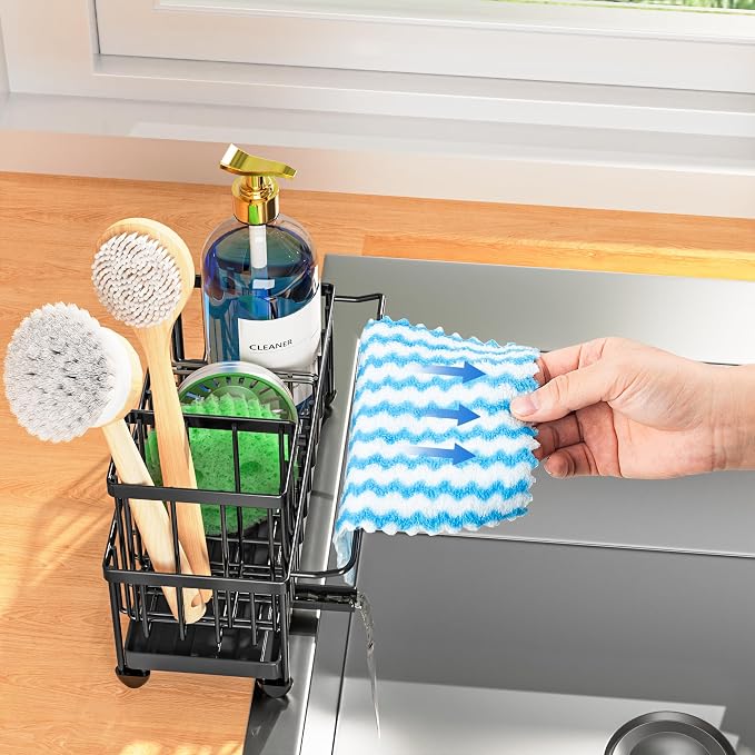 Cisily Sponge Holder for Kitchen Sink, Sink Caddy Organizer with High Brush Holder, Kitchen Countertop Organizers and Storage Essentials, Rustproof 304 Stainless Steel (Black with Towel Rack, 9.25″) - Image 7