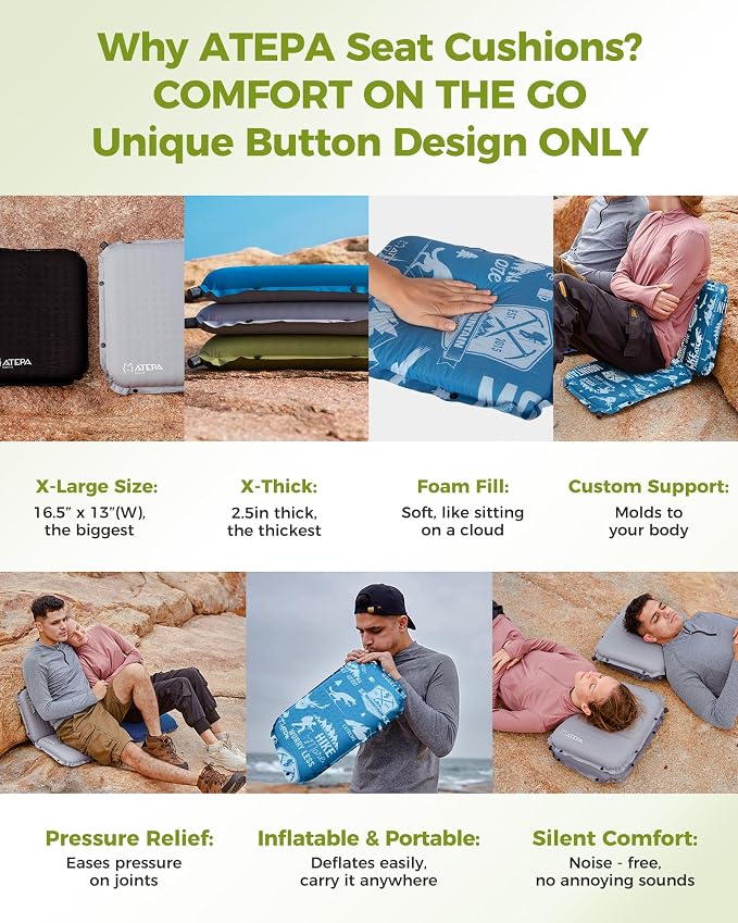 ATEPA Inflatable Seat Cushion | 2" & 2.5" Foam Core Seat Pad, Self Inflating, Compact, Stadium, Airplane, Travel, Camping, Hiking, Sports events - Image 4