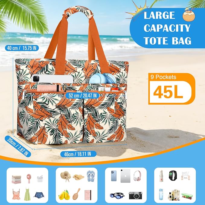 HUANLANG Large Beach Bags for Women Pool Bag with Zipper, Waterproof Sandproof Beach Tote Travel Bag with Wet Pocket - Image 9