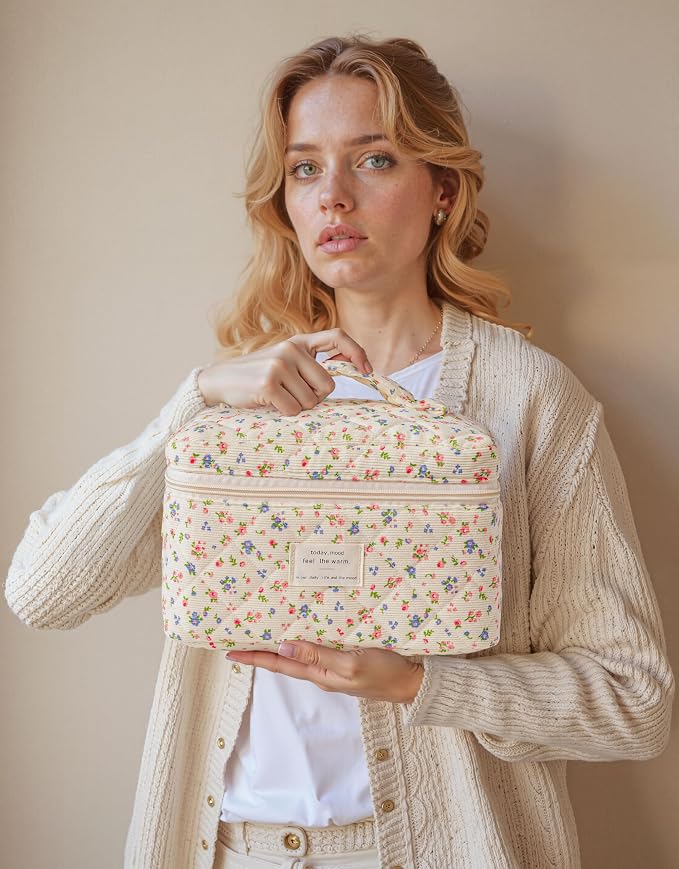HBselect Quilted Makeup Bag, 3Pcs Cotton Large Travel Makeup Bags Organizer | Cute Floral Make up Bag Cosmetic Bag Toiletry Bag for Women Girls, Makeup Pouch for Skincare, Brushes & Travel Essentials - Image 7