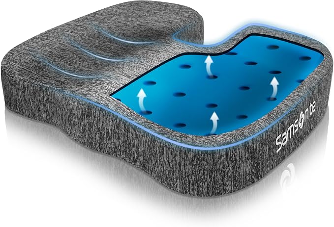 Samsonite Gel Infused Seat Cushion – Ergonomic Cushion for Office Chair, Tailbone Pressure Pad, Coccyx Support for Sciatica, Memory Foam Seat for Car, Desk, or Gaming Chair Use, Grey by Samsonite