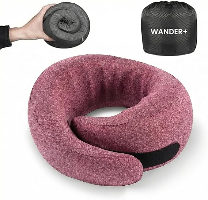 WANDER+ Plus® Travel Pillow, 100% Pure Memory Foam Travel Neck Pillow Airplane Neck Support Ergonomic Design Best for Sleeping Plane Car Train Office Flight for Adults Purple by WANDERPLUS