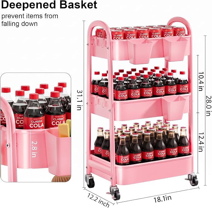 3 Tier Rolling Storage Cart Metal with Wheels, Pink Three Tiered Craft Cart | Utility Roller Shelf Carts on Wheels for Baby Nursery, Diaper Caddy, Art, Book, Nail Organizer, Makeup,Lash,Tech, Salon, Hair - Image 8
