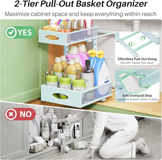 Under Sink Organizer, 2-Pack Pull Out Cabinet Organizer 2 Tier Metal Slide Out Storage Shelf Rack, L-Shaped Adjustable Height,Mesh Sliding Drawer for Kitchen, Bathroom, Laundry, Pantry, Blue, XL - Image 4