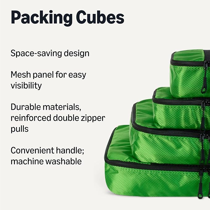 Amazon Essentials 4-Piece Packing Cubes Travel Accessories Set, Luggage Organizer with Double Zipper, Mesh Top, Space-Saving for Suitcases, Small/Medium/Large/Slim, Green (Previously Amazon Basics) - Image 2