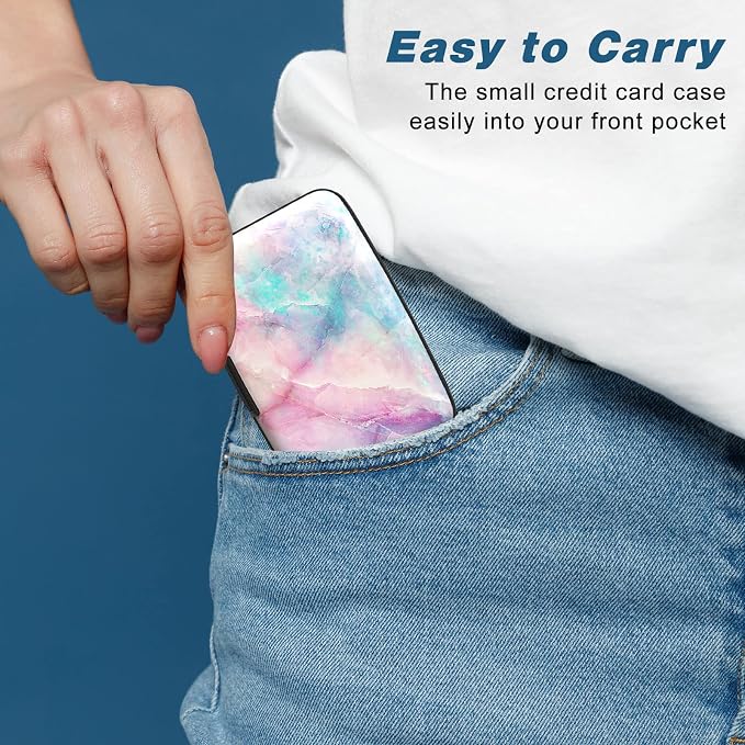Credit Card Holder, Mini Aluminum Card Wallet RFID Blocking Slim Metal Hard Card Case for Women Men, Colorful Marble - Image 6