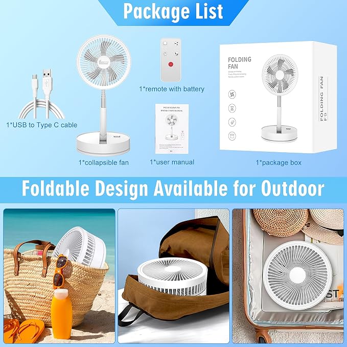 Portable Foldable Rechargeable Oscillating Fan - 8.6" 8000mah Remote Fan | Battery Operated USB C Small Fan Quiet Table Desk Fan Folding Standing Pedestal Fan for Bedroom Rome Office Camping Travel - Image 8
