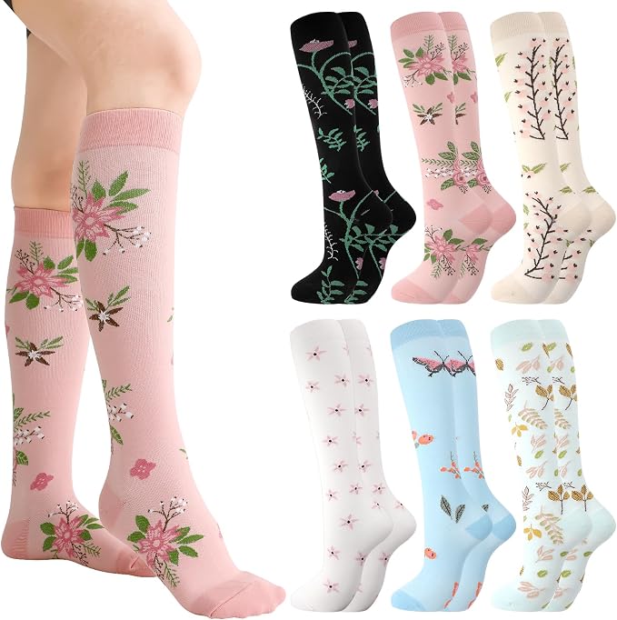 6 Pairs Compression Socks for Women Men, Wide Calf | Knee High Compression Socks, Graduated 14.5 - 30.9 mmHg Support, Women Nurses Travel Yoga Running Circulation by scenicamp