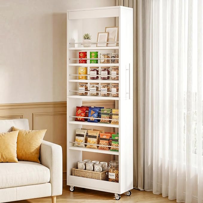 Tribesigns 73" Tall Slim Storage Cart on Rubber Wheels, 7-Tier Narrow Pantry Cabinet, Rolling Skinny Spice Rack Organizer Next to Fridge, Wooden Pull-Out Storage Shelf for Kitchen Small Spaces, White - Image 5