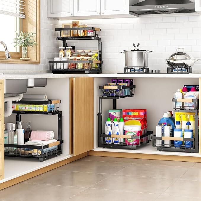 PXRACK Under Sink Organizer, Adjustable Height, 2 Tier Pull Out Under Cabinet Organizer, Slide Out Thickened Metal Under Sink Storage for Kitchen Bathroom Laundry Pantry Cabinet, Black, Small-1-Pack - Image 6