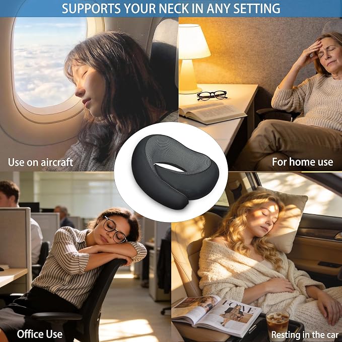 Airplane Travel Neck Pillow with Hood – Memory Foam Neck Support Pillow with Light Blocking Cover for Sleeping on Flights, Ergonomic Travel Pillow for Plane, Car & Office - Image 3