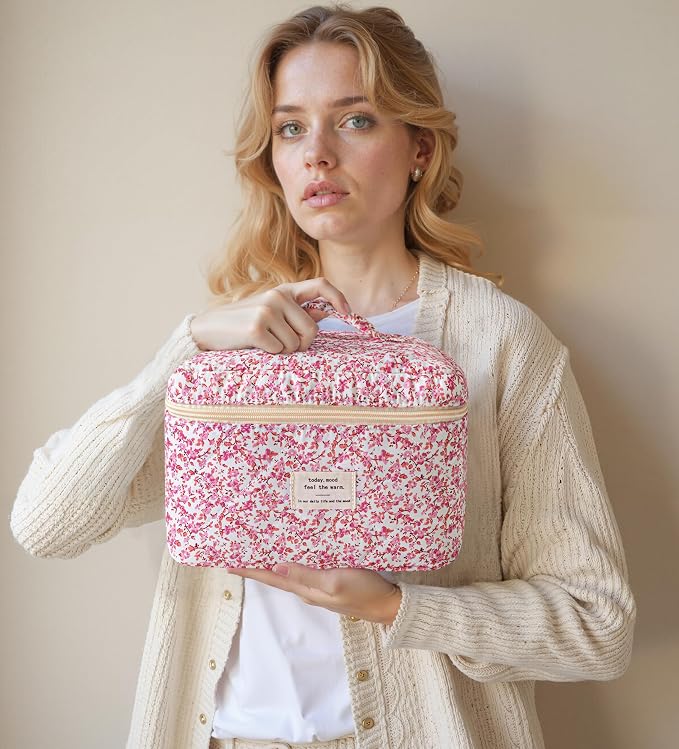 HBselect Quilted Makeup Bag, 3Pcs Cotton Large Travel Makeup Bags Organizer | Cute Floral Make up Bag Cosmetic Bag Toiletry Bag for Women Girls, Makeup Pouch for Skincare, Brushes & Travel Essentials - Image 7