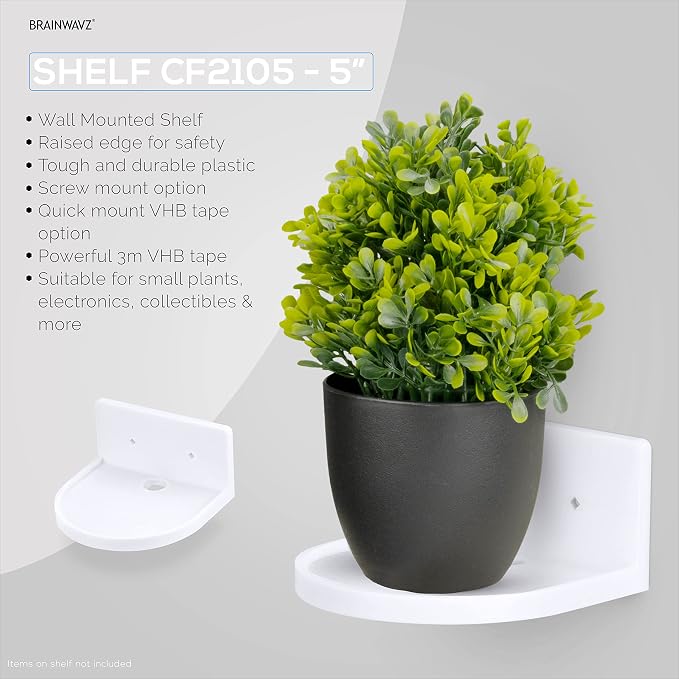 BRAINWAVZ 5” Small Floating Shelf, Adhesive & Screw in, for Bluetooth Speakers, Cameras, Plants, Books, Toys & More, Universal Shelves, Easy to Install Shelf CF2105 White - Image 3