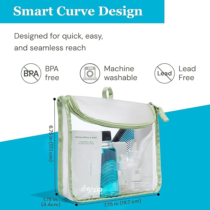 (re)zip TSA Approved Travel Toiletry Bag with Hanging Loop, Travel Quart Bag– Reusable Clear Makeup bags with zipper, Clear Pouch for Travel Essentials, Cosmetic | BPA-Free, Machine Washable - Sage - Image 3
