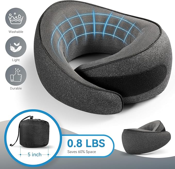 SZXYX Travel Pillows - 100% Pure Memory Foam Neck Pillow for Airplanes, Comfortable Breathable Cover, 360° Support Stowable Pillows for Sleeping, Car, Airport Travel Essentials, Pigeon Grey - Image 4