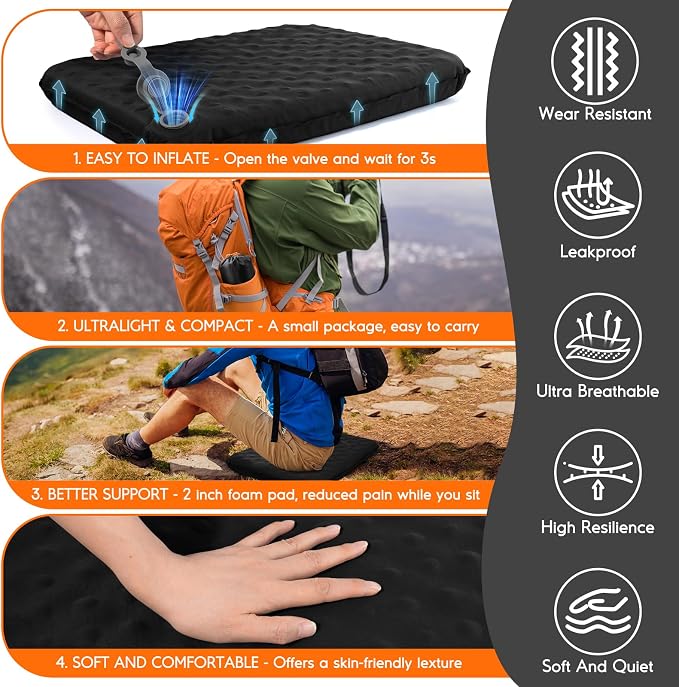 Inflatable Seat Cushion, Self-Inflating Memory Foam Stadium Seats Cushion Lightweight & Compact Chair Sitting Pad Airplane Cushion for Long Flight Travel Outdoor Camping Car Bleachers Office - Image 6