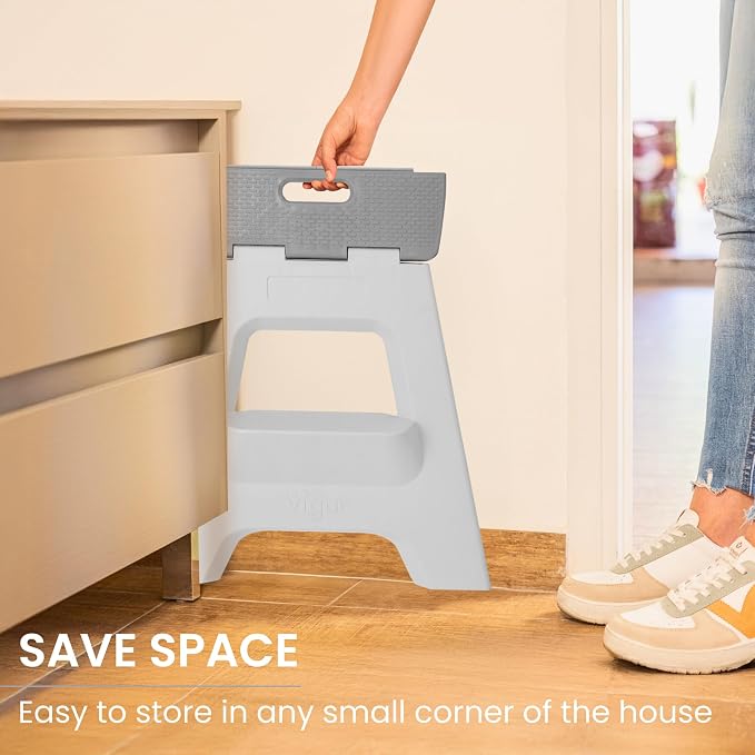Vigar Compact Folding Step Stool, Gray, 16 Inch 2 Step Foldable | Foldable, Lightweight Portable Design, Carry Handle, Non Slip Surface, Space-Saving Body, Supports up to 330 lb - Image 7