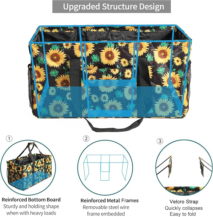 Joyfol Day Extra Large Utility Tote Bag, Reusable Grocery Bags Foldable, Upgraded Metal Frame, With Sturdy Handles Reinforced Bottom Heavy Duty Oxford Fabric Moving Shopping Bags, Sunflower - Image 4