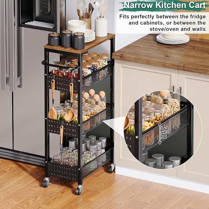Laundry Room Slim Rolling Cart with Wheels for Between Washer and Dryer Gap | Utility Slim Storage Cart with Table Top, Small Laundry Organizers and Storage Shelves, Thin Shelf for Narrow Spaces, 4 Tier - Image 3