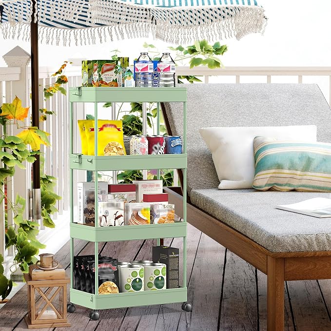 4 Tier Rolling Cart with Wheels, Storage Craft Art Trolley Organizer Serving, 3 Hanging Baskets Easy Assembly, for Office, Living Room, Kitchen - Image 6