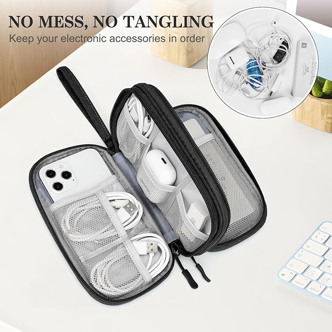 FYY Electronic Organizer, Travel Tech Pouch Bag, Cable Organizer Black | Wrist Strap, Waterproof, Double Layers Portable Electronics Travel Carrying Case for Cord, Charger, Daily Business Trips Use - Image 5