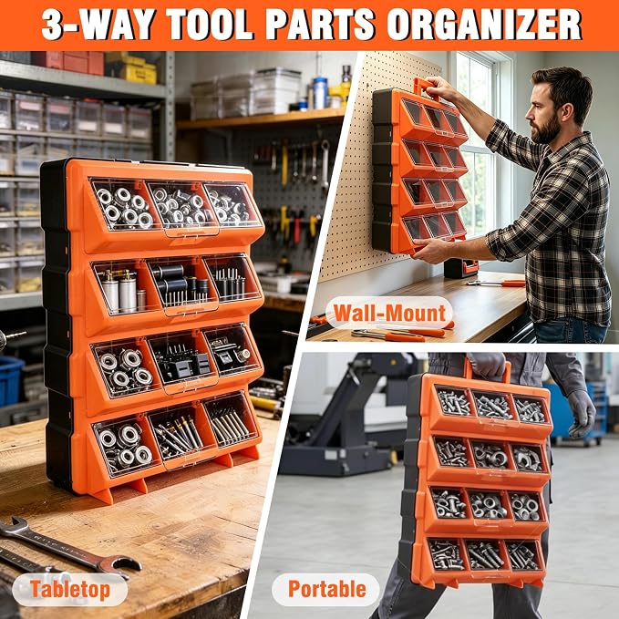 ULIBERMAGNET Tool Box Organizer,12-Compartment Portable Small Parts Organizer for Screws, Bolts,Nails,Washers, Wall-Mounted Hardware Storage Boxes for Garage, Truck, Workshop (Orange) - Image 4