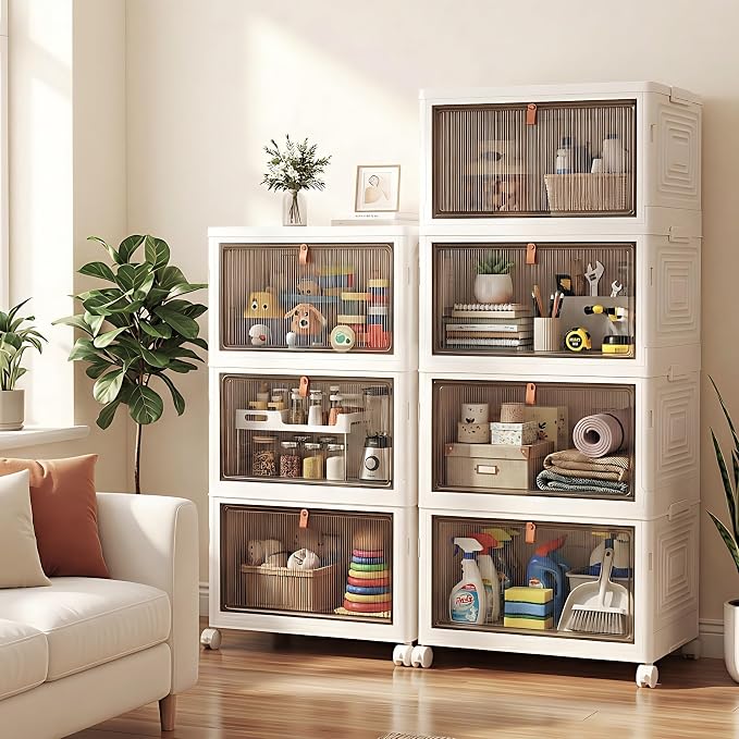 LDQ 136Qt Large Storage Bins with Lids, 4 Tier Stackable Storage Cabinet with Wheels & Clear Doors, Foldable Plastic Closet Organizer for Bedroom, Bathroom & Kitchen - Image 5