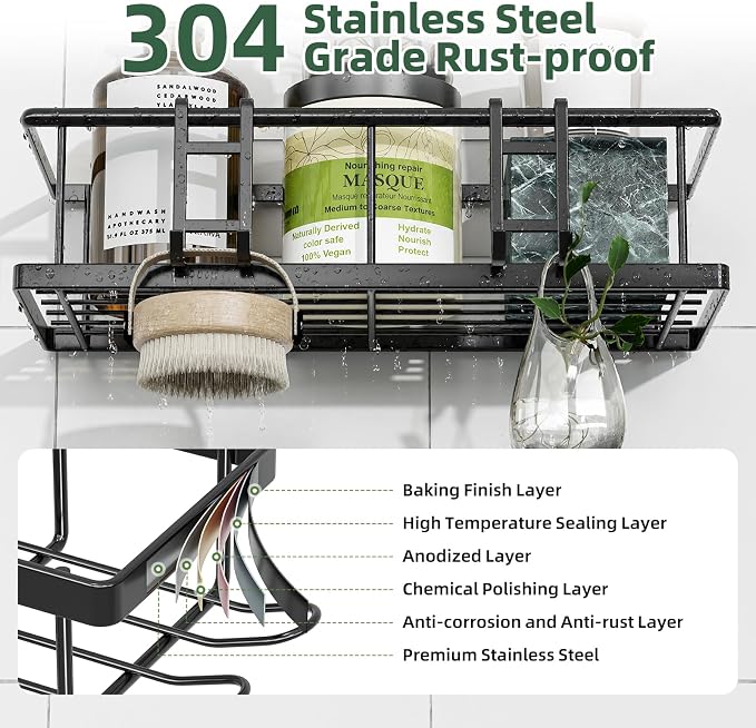 Simple Trending 6 Pack Shower Caddy Adhesive, Rustproof Shower Shelves | Stainless Steel Shower Organizer with Large Capacity, No Drilling Bathroom Organizers and Storage for Home Decor, Black - Image 3