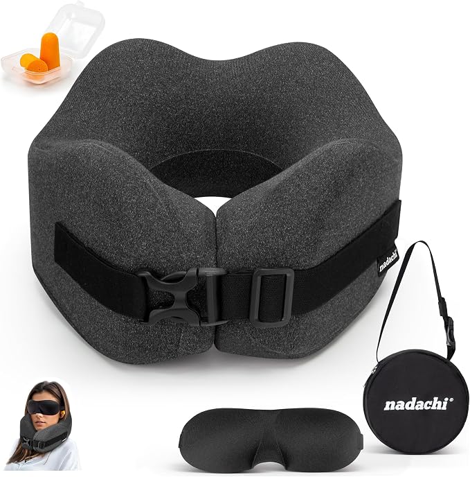 Neck Pillow Airplane Travel Set - Pure Memory Foam Travel Pillow for Long Flights Essentials, Sleeping with 3D Contoured Eye Mask, Earplugs, Portable Bag (Grayish) by MemoryFoamTravelPillow