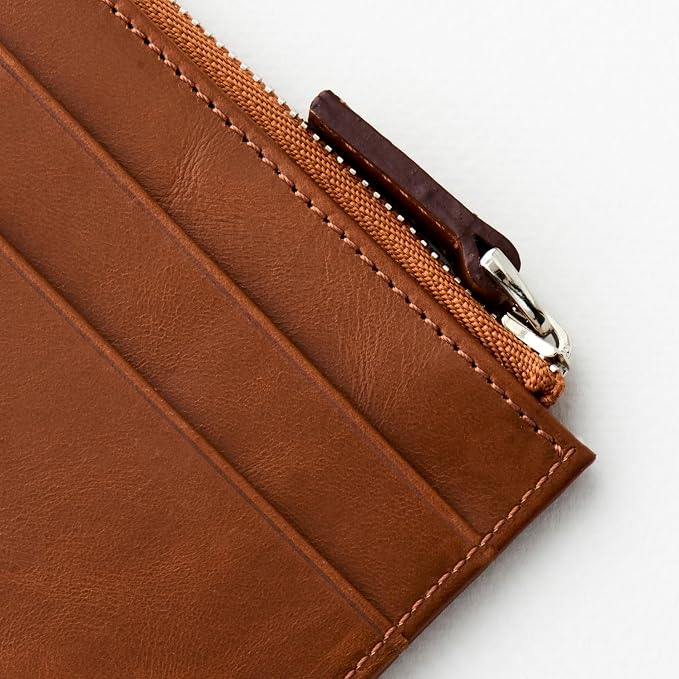 RFID Blocking Zipper Wallet, Slim Business Card Holder, Men & Women, Handcrafted Full-Grain Leather, Gift Box & Pouch, Christmas & Birthday, Tan - Image 3