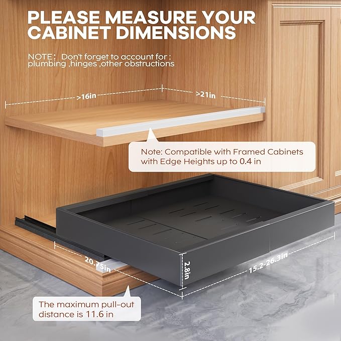 Seinloes 2 Pack Expandable Pull Out Cabinet Organizer 21"Deep With Raising Pad for Framed Cabinets,Upgrade 3 Slide Rails Slide Out Drawers,Roll Out Shelves Adhesive,Adjustable Width 15.15"-26.3" Black - Image 4