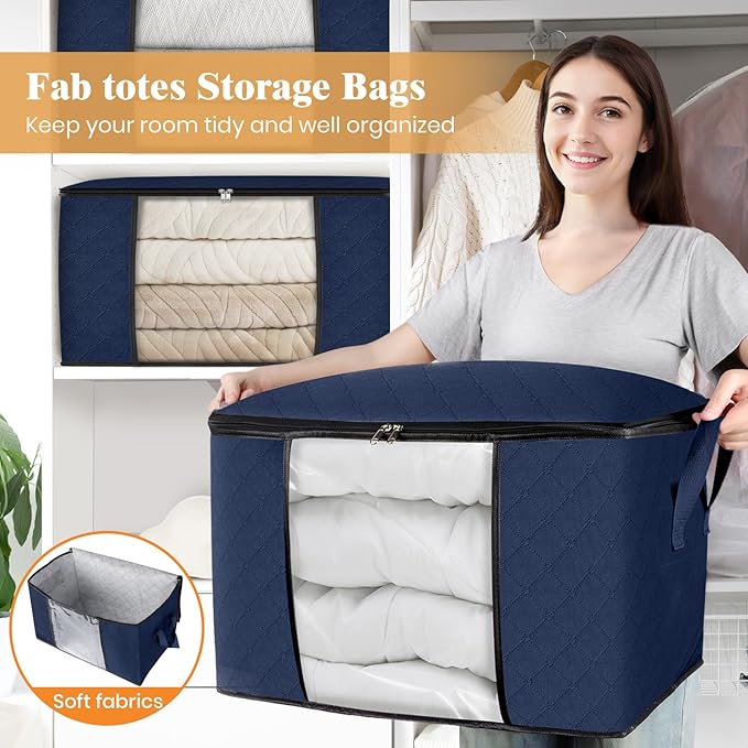 90L Clothes Storage, Foldable Thick Fabric Blanket Storage Bags | Foldable Containers with Zippers,Window and Handles for Organizing Bedroom, Closet, Comforter, Bedding,Dorm essentials - Image 5