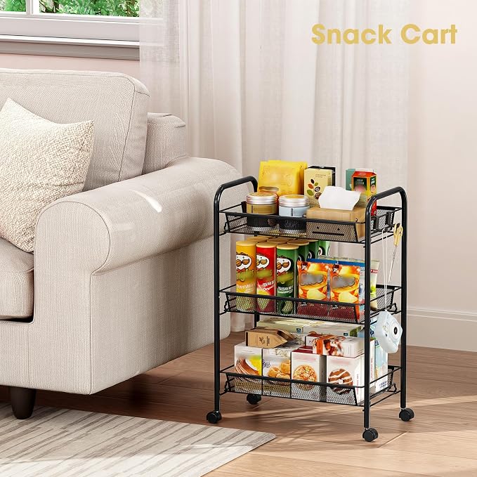 TOOLF 3 Tier Rolling Cart, Metal Utility Storage Cart with Wheels, Black | 3 Hooks, Screwless Assembly, Trolley Organizer for Bathroom, Kitchen, Office, Nursery, Dorm, Laundry Room - Image 8