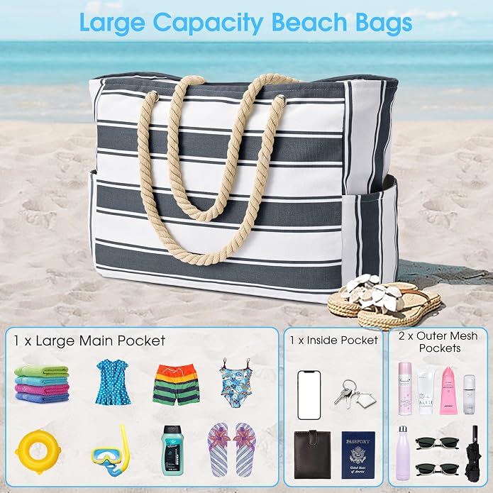 Becokan Beach Bags for Women Large Waterproof Beach Tote Bag Zipper Beach Bags Waterproof Sandproof Swim Pool Bag Large Tote - Image 7