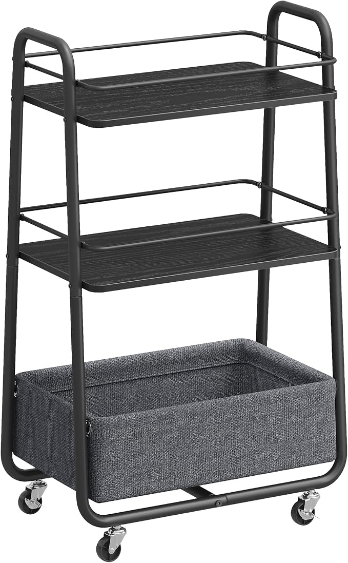 VASAGLE Storage Cart with Fabric Basket, 3-Tier Rolling Utility Cart | Cart with Wheels and Shelves, for Living Room, Bedroom, Kitchen, Ebony Black, LILEA Collection ULRC001BE02 by Unknown