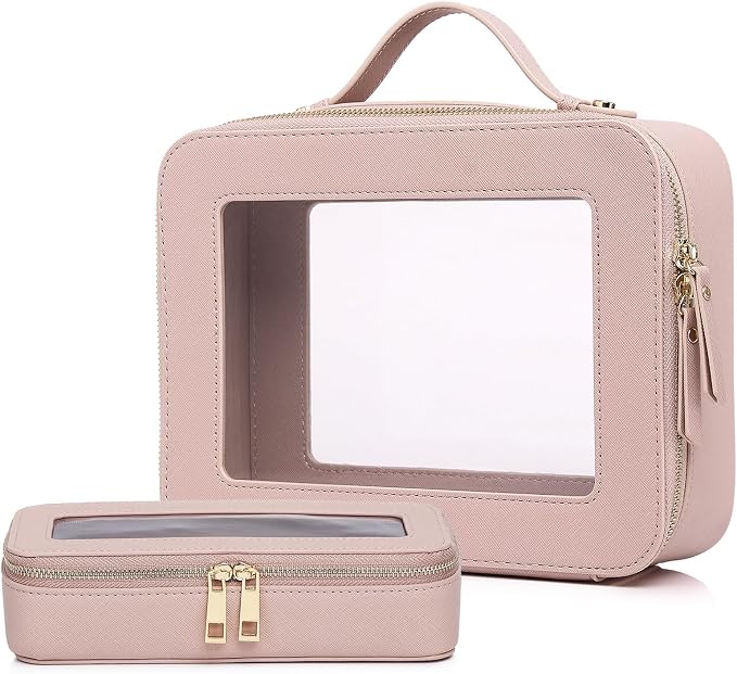 Pinkmik Clear Makeup Bag with Brush Bag, (Pink, L+SLIM) | 2pcs, Waterproof, Travel Case for Cosmetics and Toiletries, Women's Cosmetic Organizer, with Zipper by Pinkmik
