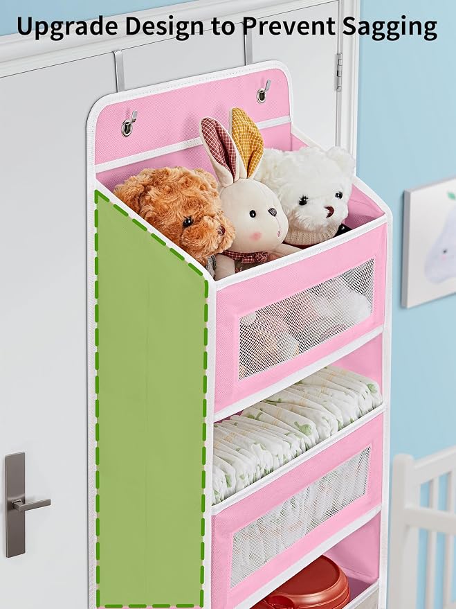 JARLINK Over the Door Organizer for Bedroom, Pantry, Bathroom, 5 Shelf Pink | Anti-Tilt Design, 44 lb Load Capacity, Hanging Door Organizer with 5 Large Capacity Pockets, Behind Door Storage for Nursery - Image 4