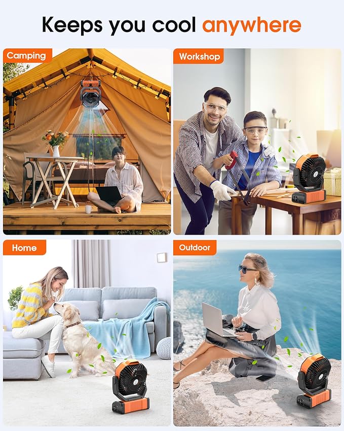 Portable Rechargeable Camping Fan 20000mAh Cordless Battery Powered Fans | with LED Lantern, Remote Auto Oscillating USB C Operated Table Ventilador for Travel Picnic Barbecue Outdoor Tent - Image 7