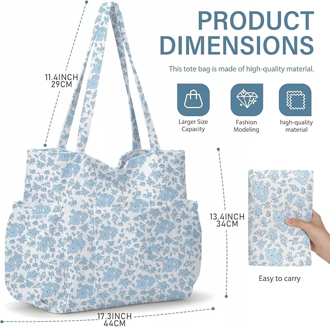Corduroy Tote Bag for Women,Large Capacity Cute Tote Bags With 6 Pockets,Crossbody Shoulder Handbag for Work Travel Gym - Image 7