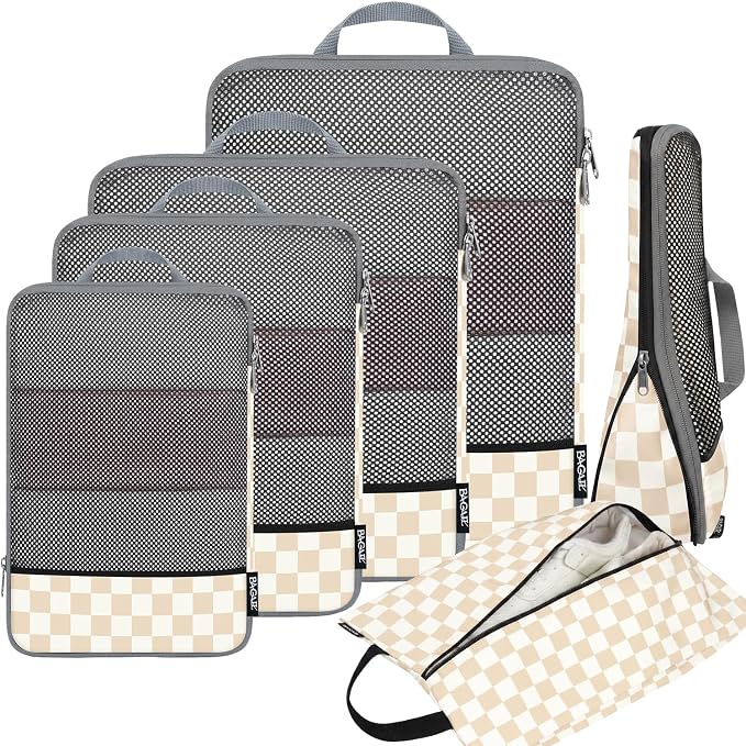 BAGAIL 4 Set/6 Set/8 Set Compression Packing Cubes Travel Accessories Expandable Packing Organizers (Half Mesh, 6-Khaki Checkered) by BAGAIL