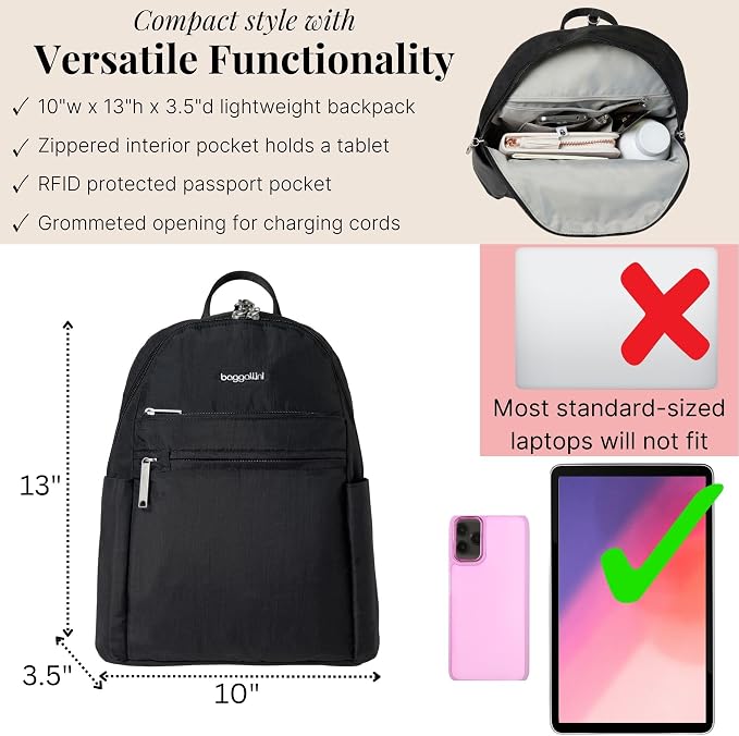 Baggallini Securtex® Anti-theft Vacation Travel Backpack 10x13 Slash-Resistant Nylon Daypack w/RFID, Black - Image 4
