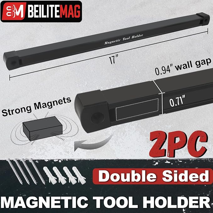 17 Inch Double Sided Magnetic Tool Holder, Heavy Duty Wall Mount Bar with Extra Strong Magnets for Screwdrivers Wrenches Pliers, Magnetic Tool Strips for Garage Workshop or Jobsite (2 Pack) - Image 4