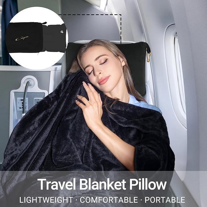 Airplane Travel Blanket with Pillow,300 GSM Soft Fleece Compact Blanket with Carry Bag,Lightweight Travel Blanket for Flights,Black - Image 7