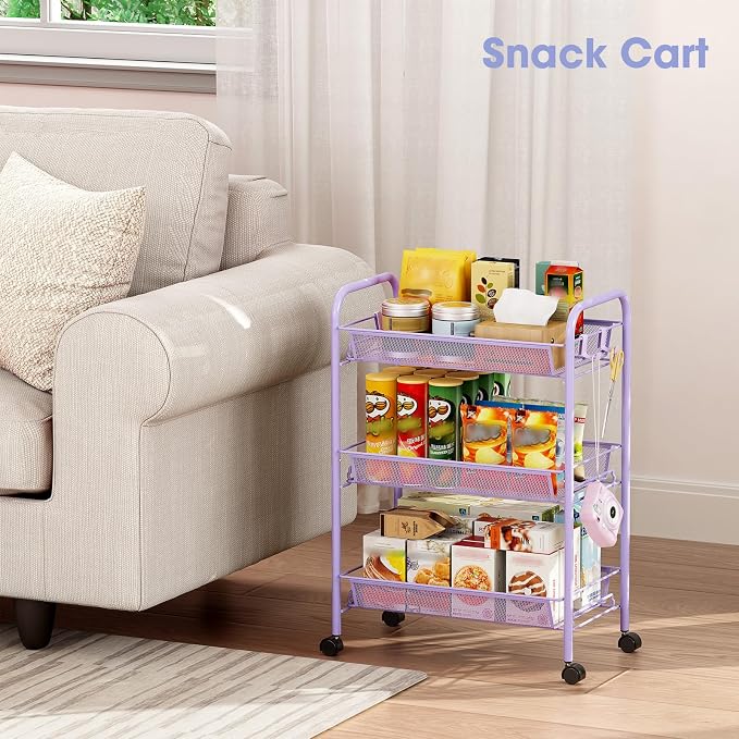 TOOLF 3 Tier Rolling Cart, Metal Utility Storage Cart with Wheels, Purple | 3 Hooks, Screwless Assembly, Trolley Organizer for Bathroom, Kitchen, Office, Nursery, Dorm, Laundry Room - Image 8