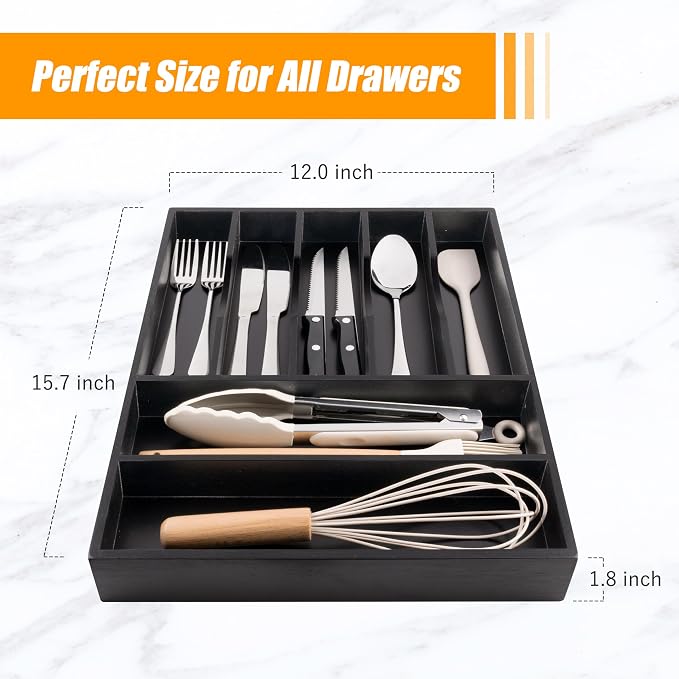 Bellsal Bamboo Silverware Drawer Organizer, Utensil Kitchen Drawer Organizer, Utensil Holder Cutlery Tray with Grooved Drawer Dividers for Kitchen Utensils and Flatware Bedroom Office (7 Slot, Black) - Image 3