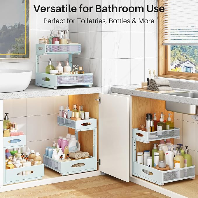 Under Sink Organizer, 2 Tier Pull Out Under Cabinet Organizer Shelf with Pad for Framed Cabinets, Metal Slide Out Under Sink Storage, Mesh Sliding Drawers for Kitchen Bathroom Laundry(Blue, 1 Pack) - Image 9