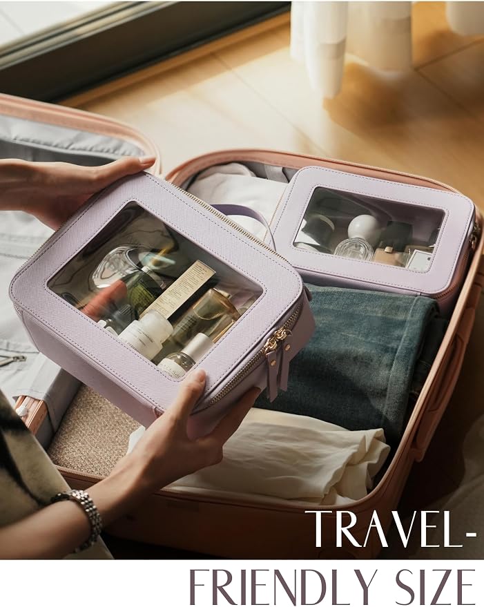 Clear Makeup Bag with Zipper Women Travel Toilrty Bag Purple Medium | Structured Clear Cosmetic Case, Car Essential Organizer Bag, Waterproof PU Leather, Dual Zipper, Wide Opening and Compact - Image 6