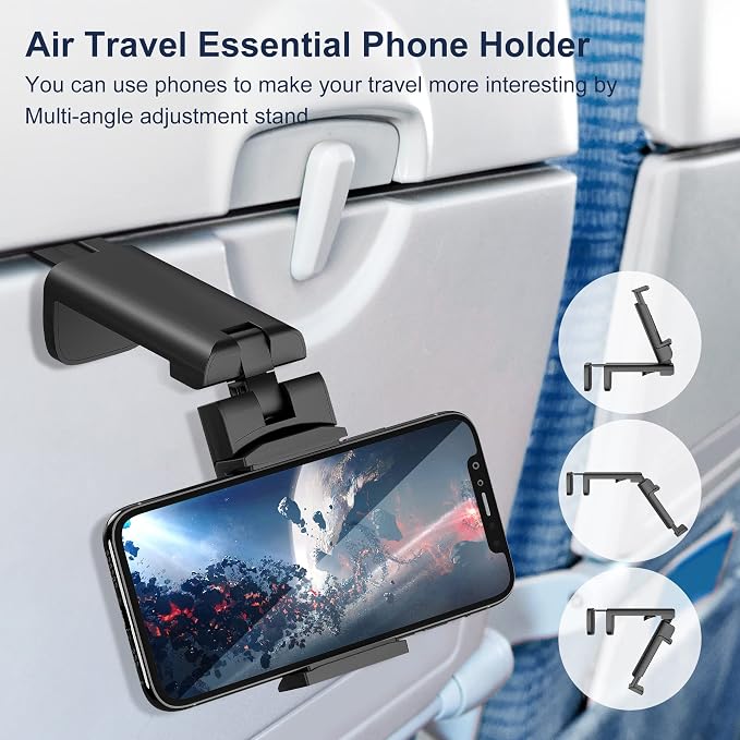 Airplane Phone Holder, 360 Multi-Angle Adjust Mount for Flight | Universal Travel Essentials Phone Stand for Airplane Seat, Flying, Compatible with Smartphones for Hands-Free Viewing, Black - Image 2