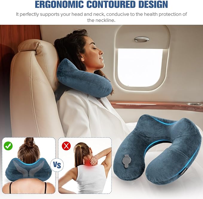 Rewondah Inflatable Travel Pillow for Sleeping Airplane - Inflatable Neck Pillow for Traveling on Plane with Washable Cover, Blow up Neck Travel Pillow for Airplanes, Cars - Portable and Comfortable - Image 2